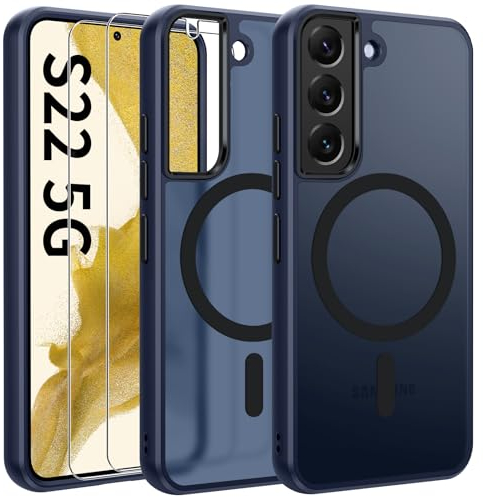 Opkiegrn Magnetisch HandyHülle Kompatibel mit Samsung Galaxy S22 Kompatibel mit MagSafe mit 2 Schutzfolie,Vollständiger Kameraschutz, Stoßfest Dünn Durchscheinende Matt SchutzHülle (Blau)