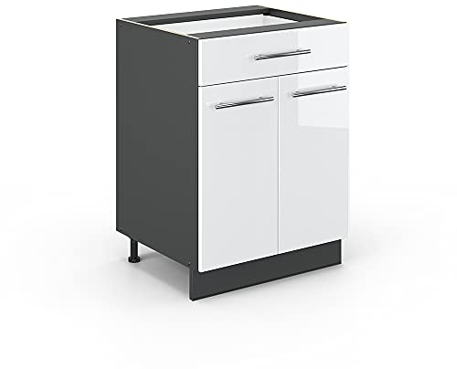 Vicco Küchenunterschrank Fame-Line, Weiß Hochglanz/Anthrazit, 60 cm mit Schublade, AP Eiche