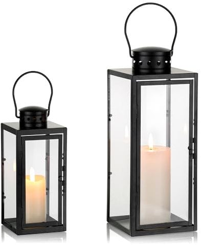 Staymoment Lanternes décoratives noires pour l'extérieur : lot de 2 photophores 24/35 cm pour l'extérieur comme balcon, jardin, décoration de table moderne, lanterne funéraire, bougeoir