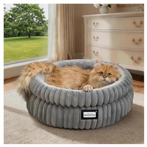 BALANCE Cat Bed Kitten Bed, Washable Round Cat Beds for Indoor Cats, Super Soft Plush Faux Fur Pet Bed for Puppy and Kitten with Anti-Slip Bottom