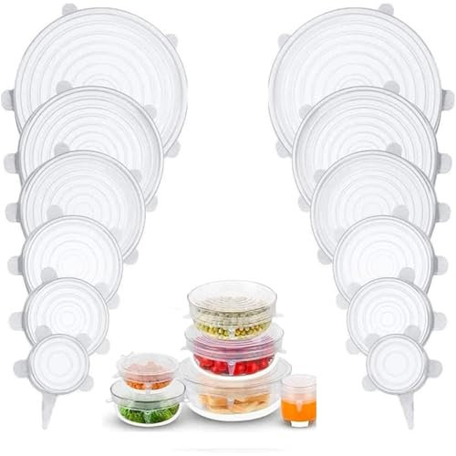 12 Stück Silikondeckel Dehnbar für Joghurtbecher, Schüsseln, Becher, Dosen - Frischhalte-Deckel Stretch Lid in Verschiedenen Größen für Obst (Weiß)