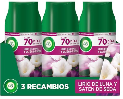 Air Wick Freshmatic - Recambio de Ambientador Spray Automático, Esencia para Casa con Aroma a Lirio de Luna y Satén de Seda - 3 Unidades