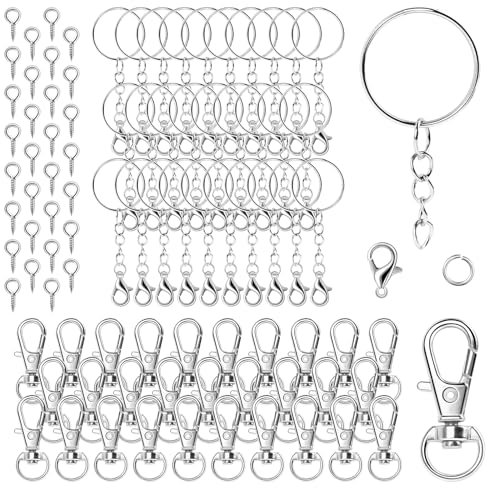 150Pcs Keychain Rings Set, 25mm Key Ring Hoops, Keyring Chain Open Jump Rings, Screw Eye Pins and Lobster Clasps, Making Own Split Key Ring with Chain for DIY Craft Art Jewellery