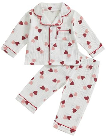 Vioyavo Kids Girls Pajamas Set Toddler Heart Print Long Sleeve Shirt Elastic Waist Pants 2 Piece Sleepwear (Red, 3-4 Years)