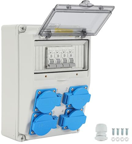 Peviasot Wandverteiler, Baustromverteilerkasten mit 4xSchuko-Steckdose16A 250V, 4xCEE Steckdosen 16A 1P, Baustromverteiler mit Leitungsschutzschalter und Wasserdichte für Innen und Außen