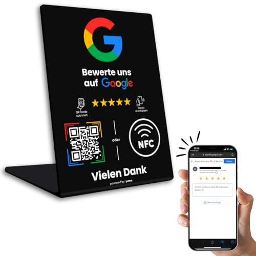 Soporte de valoración Google con tecnología NFC & QR Code Smart (configuramos tu soporte para ti). Recibe más comentarios (negro, 7 x 10,5 cm)