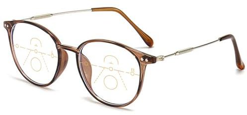 ABETOS Gleitsichtbrille Progressive Multifokale Lesebrille Damen Herren Runde Blaulichtfilter Metall Kunststoff Leicht Rund Gleitsicht Lesehilfen Sehhilfe, Braun+2.0