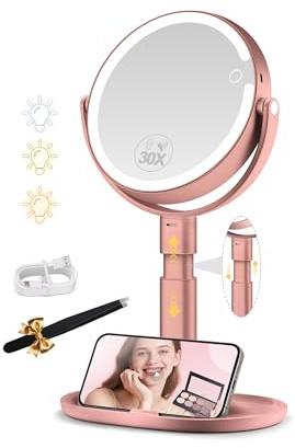 MOMOKUBA Specchio cosmetico con illuminazione, specchio ingranditore con luce 20 volte illuminato su entrambi i lati, specchio ingranditore regolabile in altezza, specchio cosmetico a 3 colori, oro