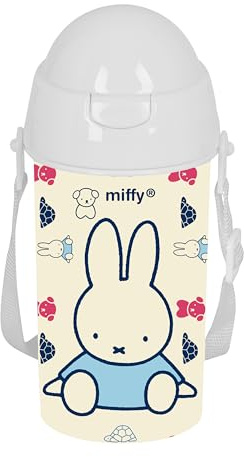 Safta Miffy Buddy Trinkflasche mit automatischem Öffnen, mit Strohhalm, Wasserflasche, BPA-frei, mit Umhängetasche, bequem und leicht, 500 ml, 7,3 x 19,5 cm, Pastellbeige, M, Casual