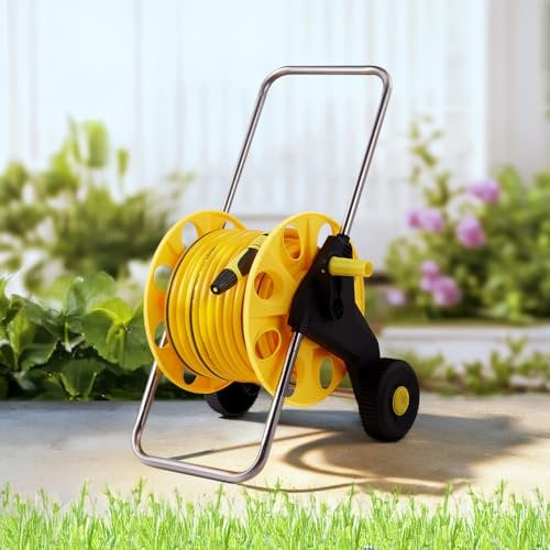 DKIEI Garden Hose Reel Cart with 45M Hosepipe & Adjustable Spray Nozzle, Portable Hose Pipe Reel with 2 Wheels, Retractable Freestanding Hose Holder for Outdoor Patio Cleaning & Lawn Watering