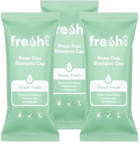 FreshWipes Ocean Fresh Shampoo Cap Pack of 3 - No Rinse for Elderly or Disabled - Cleanses & Conditions For No Shower Access, Camping & Festival Use - Dermatologically Tested