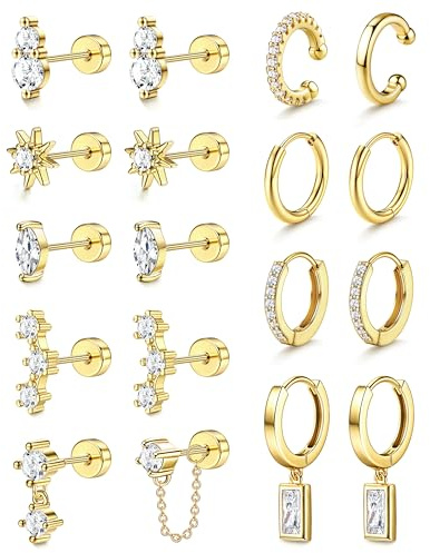 Roheafer 9 Paar Ohrringe Gold Creolen Set für Damen Hypoallergene Medizinische Ohrstecker Goldene Ear Cuff für Helix Tragus