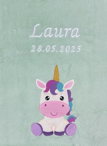 KIDDI-MEDIA Babydecke mit Name und Geburtsdatum, Mint Einhorn | Mit Name und Geburtsdatum, Bestickt / kuschelig weich, ÖKO-TEX® Standard 100