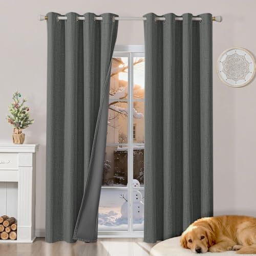 Runyéla 100% Verdunklungsvorhänge Leinen Gardinen mit Ösen, Thermovorhang | 2er Set, H200xB140 Grau, Leinenoptik Vorhang Blickdicht, UV-Schutz Wärmeisolierend Schallschutz Schlafzimmer Wohnzimmer