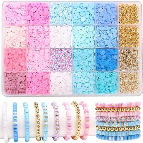 pekifaves Perlen für Armbänder set, 6mm Heishi Clay Perlen Set, Bunte | Clay Beads zum Auffädeln Kit, für Schmuckherstellung, Freundschaftsarmband Selber Machen, Rosa Weiß Blau Gold Regenbogen