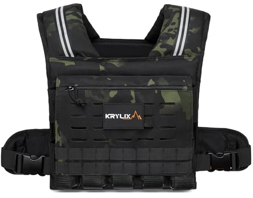 KRYLIX Tactical Weighted Vest Adjustable for Men and Women 0-20kg Heavy Duty Workout Vest with Removable Iron Weights Reflective Stripe for Strength Training Running Rucking and Calisthenics(Camo)
