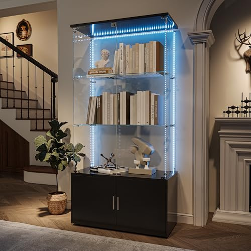 Glasvitrine mit LED-Beleuchtung, Vitrinenschrank mit Schloss, Glasvitrine Staubdicht für Sammlungen, Standvitrine Glasschrank für Wohnzimmer Schlafzimmer (Schwarz+Lichtstreifen, 3 Schichten+Schrank)