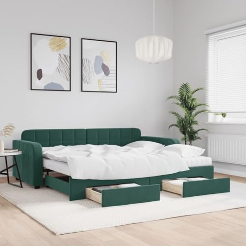 QJBSAVVA Tagesbett 90x200 ausziehbar mit 2 Matratzen Dunkelgrün Samt Schlafsofa mit Stauraum platzsparendes Gästebett Wohnzimmer Jugendzimmer für Living Room Bedroom Home Office