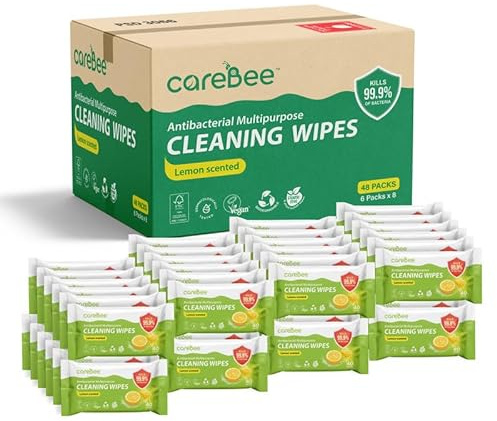 CareBee Plastic-Free Antibacterial Surface Wipes | Plant-Based, Biodegradable, FSC Certified, Vegan | Lemon-Scented Surface Cleaning Wipes (Pack of 48)