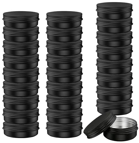 LJY 28 Pcs Boîte Aluminium Ronde Noire 30ml (1 fl oz), Pot Bougie Vide avec Couvercle à Vis, Contenant Cosmétique Étanche pour Crème et Voyage, Disque en Mousse