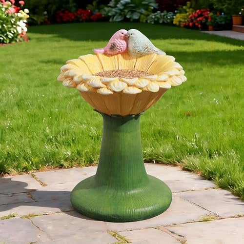 45CM H Sonnenblumen-Vogelfutterspender Vogeltränke Zwei-in-Eins Aus MGO Gartendekoration mit 2 dekorativen Vögeln, wetterfest, Muttertagsgeschenk für Mama Oma Ideal für Balkon Garten Terrasse