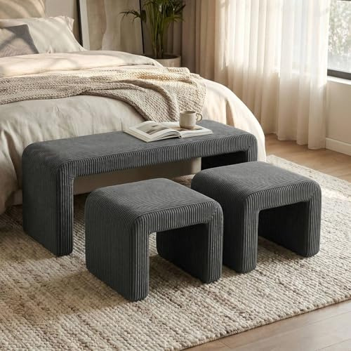 Clevich Sitzbank Polsterbank 3er Set, Bettbank mit Sitzhocker,sitzbank Flur | Eingangsbank, Moderne geschwungene, Schminkhocker mit 2 kleinen Hockern, für Wohn und Schlafzimmer Flur Esszimmer, Grau
