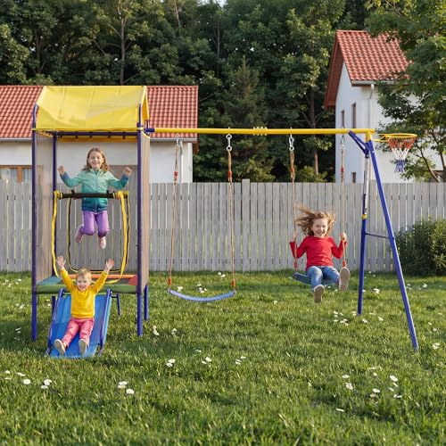 Juego de columpio multifuncional para exteriores, con cama elástica, columpio y tobogán, dispositivo de juego multifuncional para jardín, con red de seguridad, canasta de baloncesto y marco de hierro