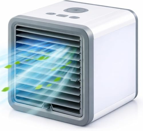 Enfriador de aire con refrigeración por agua – Mini aire acondicionado sin tubo de escape, ventilador de mesa silencioso de 45 dB, ventilador USB pequeño, táctil, 3 niveles, luz LED, enfriador