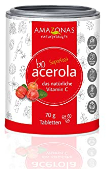 BIO Acerola Lutschtabletten von Amazonas Naturprodukte - Natürliches Vitamin C aus ganzen Acerola Kirschen | Vitamin C-Depot auffüllen | Ohne Farbstoffe & Gentechnik | Vegan | Premium-Qualität | 70 g