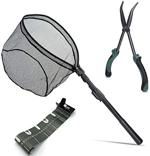 Zite Fishing Angelzubehör-Set - Haken-Lösezange 28cm Angeln - Fisch-Maßband | Aufrollbar 120cm - Spinnfischen Kescher Gummiert & Faltbar