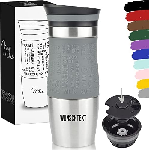 Milu® Thermobecher mit Gravur 370ml personalisiert - Valentinstagsgeschenke für Frauen & Männer I Geschenk Ideen Papa, Mama, Freund, Freundin, Geschenkideen zum Valentinstag, Geschenke (Grau)