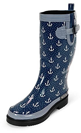 MADSea Bottes en caoutchouc Ocean Anchor pour femme - Tige haute, Bleu foncé avec ancres blanches, 39 EU