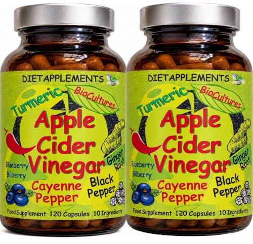 Raw, Unfiltered Apple Cider Vinegar with The Mother from Suffolk, Turmeric, Ginger, Black Pepper, Cayenne Pepper, Blueberries, Bilberries, High Strength Live Cultures. 120 Vegan Capsules, 2 Bottles