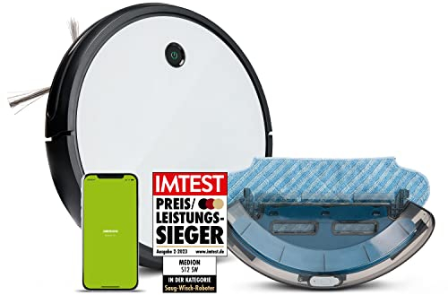 MEDION Robot Aspirador con función de fregado y navegación Inteligente S12 SW (2.100 Pa, Potente Cepillo Central, Control Mediante la App Alexa, aspiración con fregado en Paralelo, estación de Carga