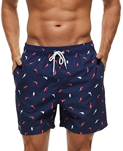 Aisprts Mens Swimming Shorts Waterproof Quick Dry Swim Trunks with Mesh Lining,Sharks,XXL