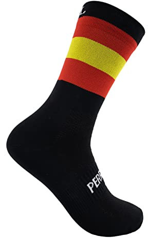 PERRO LOCO CLOTHES Calcetines BANDERA ESPAÑA Ciclismo para hombres y mujeres. Colores originales, sin costuras. Antiolores. Fabricados en España. (Bandera 46-48 Negro)