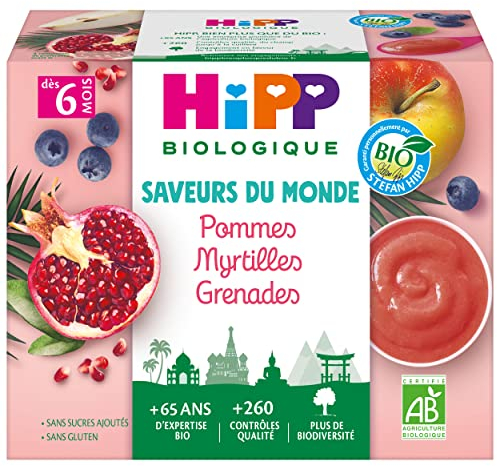 HiPP - Saveurs du Monde - Pommes Myrtilles Grenades Coupelles - 4x100g