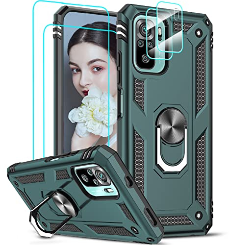 LeYi Schutzhülle für Xiaomi Redmi Note 10 4G/Redmi Note 10S mit 2 Hartglass und 2 Kameraschutz, Ringhalterung, militärischer Schutz, stoßfest, Hartschale, Grün