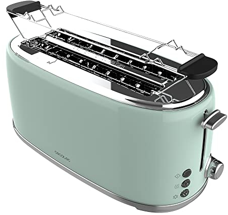 Cecotec Toaster 4 Scheiben Toast&Taste 1600 Retro Double Green, 1630 W, 2 Breite und Lange Schlitze von 3,8 cm, Edelstahl, Obere Roste, Regulierbare Leistung, Krümelschublade