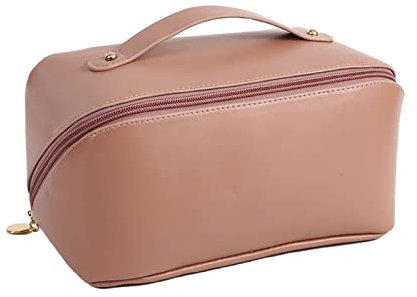 Make-up-Tasche,Reise-Kosmetiktasche mit großem Fassungsvermögen,PU Leder Kosmetiktasche,tragbare Kosmetiktasche,Multifunktions-Kulturbeutel,mit Griff und Trennwand,Reise Kosmetik-Organizer (Rosa)