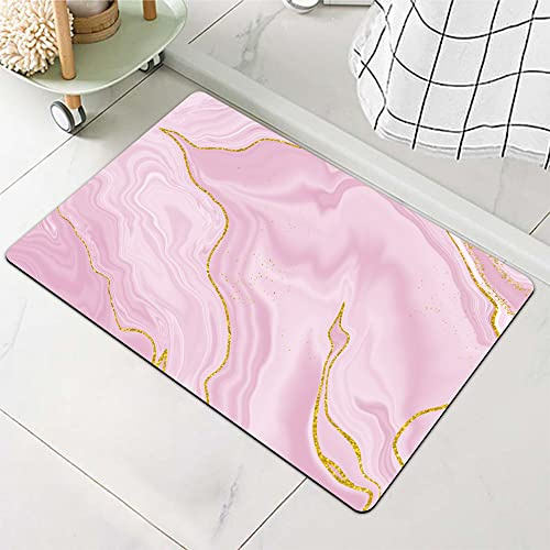 Badematte, Teppich, Rosa, Gold, Marmor-Muster, Gummi, rutschfest, schnell trocknend, super saugfähig, dünn, Badezimmerteppiche, passt unter die Tür, waschbar, Badezimmermatten, Duschraum, Waschbecken
