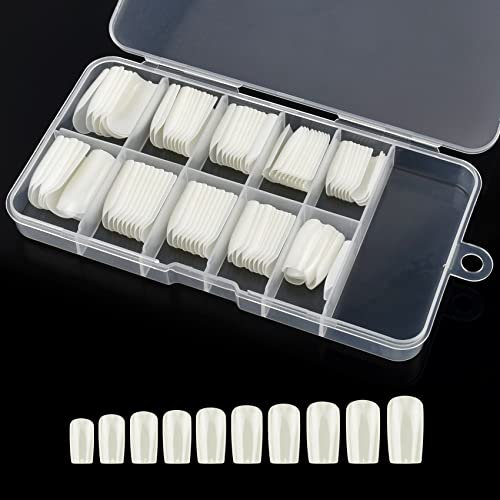 100 Pcs False Nail Tips with Storage Case-Full Cover Coffin Nails in 10 Sizes for Nail Salons and DIY Nail Art-Long Lasting and Durable Artificial Fingernails for Glamorous Looks (Square, Natural)