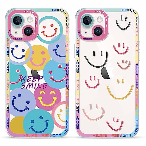Yoedge 2 Piezas Funda para Apple iPhone 14 Transparente 6,1, Carcasa para Teléfono Móvil con Smiley Lindo Divertido Dibujos Aesthetic Cover, Soft Cristal Caja de Silicona para iPhone 14 Case