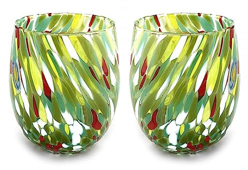 MAZZEGA ART & DESIGN – 2 Wassergläser aus mundgeblasenem Glas mit raffiniertem und originellem Murano-Murrin – Die Farben von Murano – Modell „Colombina 435 ml“. Hergestellt in Italien (Verde, 2)