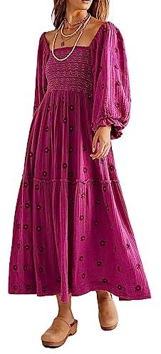Chloefairy Robe longue brodée de fleurs pour femme, manches lanternes, col carré, robe fluide pour printemps et automne