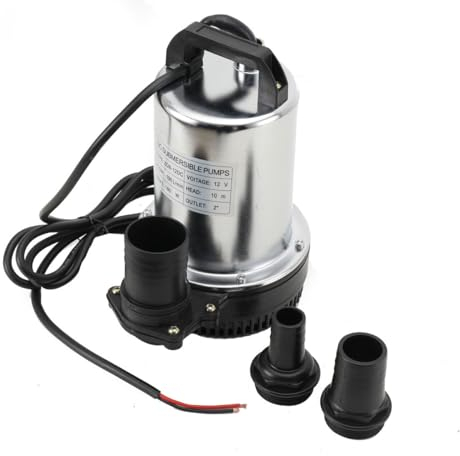 MECUTP Tauchpumpe 12V, 160W Tauchwasserpumpe, Wasser Brunnenpumpe Eintauchtiefe von 0,5m-8m, Tauchpumpen Mit Drei Ausgießergrößen für Bauernhof, Schiffe, Weide - 6000L/H