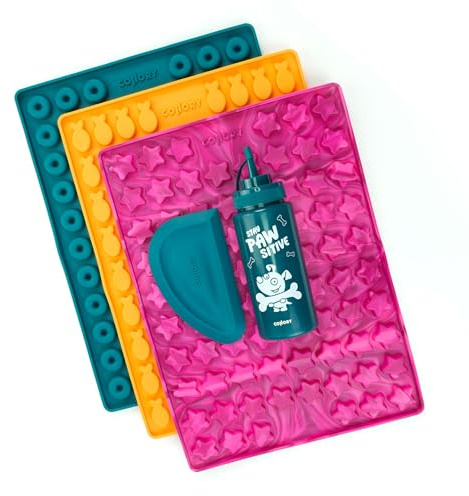 Collory große Backmatten Hundekekse Starter Paket inkl. Zubehör (5er Set), Hundeleckerlis in MEDIUM backen, Dosierflasche und Schaber, Lebensmittelecht & Bpa-frei