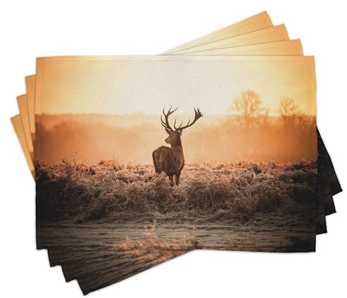ABAKUHAUS Jagd Platzmatten 8 Stück, Wildnis-Natur-Landschafts-Landschaft ländliche Heathers der Rotwild-morgens Sonne, Waschbare Stoff Esszimmer Küche Tischdekorations Digitaldruck, Orange Braun