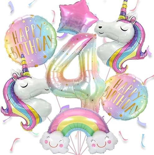 Luftballon Einhorn 4 jahre, 7pcs Luftballons Geburtstag 4 Regenbogen, Luftballons Geburtstag Mädchen 4, Geburtstagsdekoration für 4-Jährige Mädchen