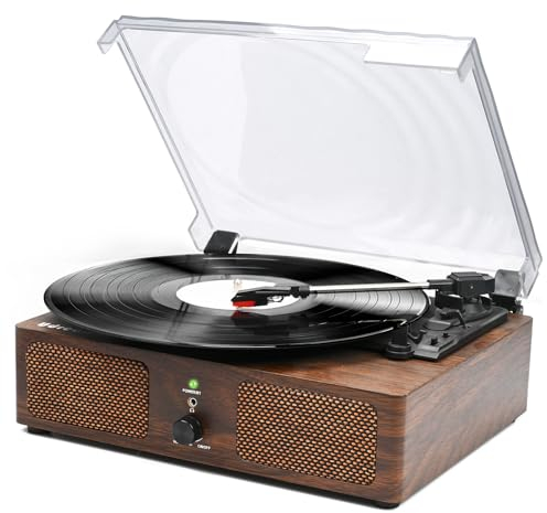 Udreamer Giradischi, Giradischi con Altoparlanti Integrati e Trasmissione a Cinghia Bluetooth, Fonografo Vintage con 3 Velocità per il Divertimento Musicale e la Decorazione Della Casa Legno Caffè